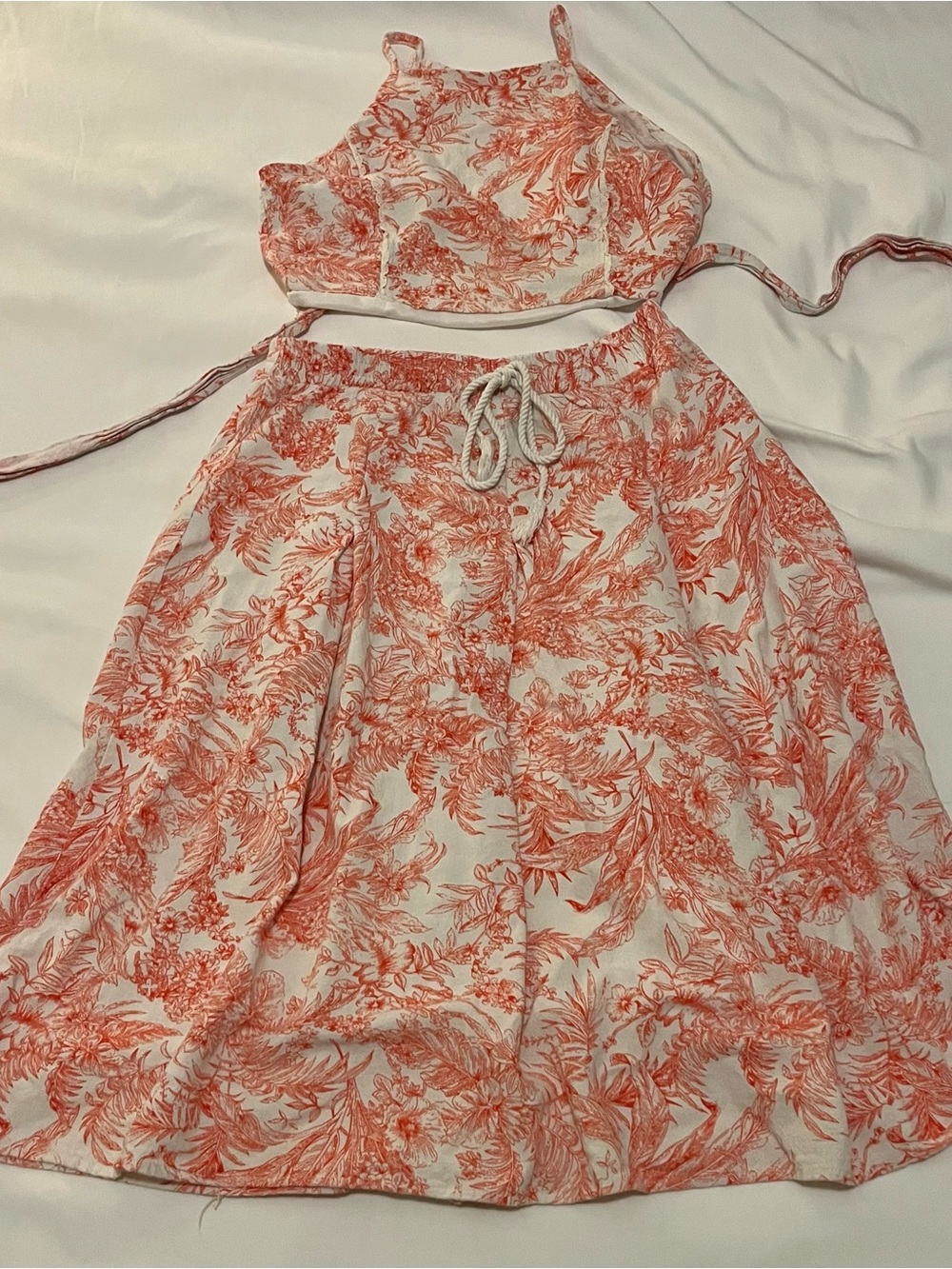 Summer 2 piece Floral Crop Top & Skirt Set in Coral and White